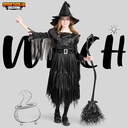 Classic Kids Witch Costume Black Witch Dress with Broom and Hat XL Y930