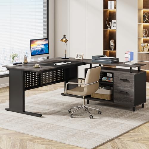 Gray and Black L Shaped Executive Desk with File Cabinet and Drawers X179