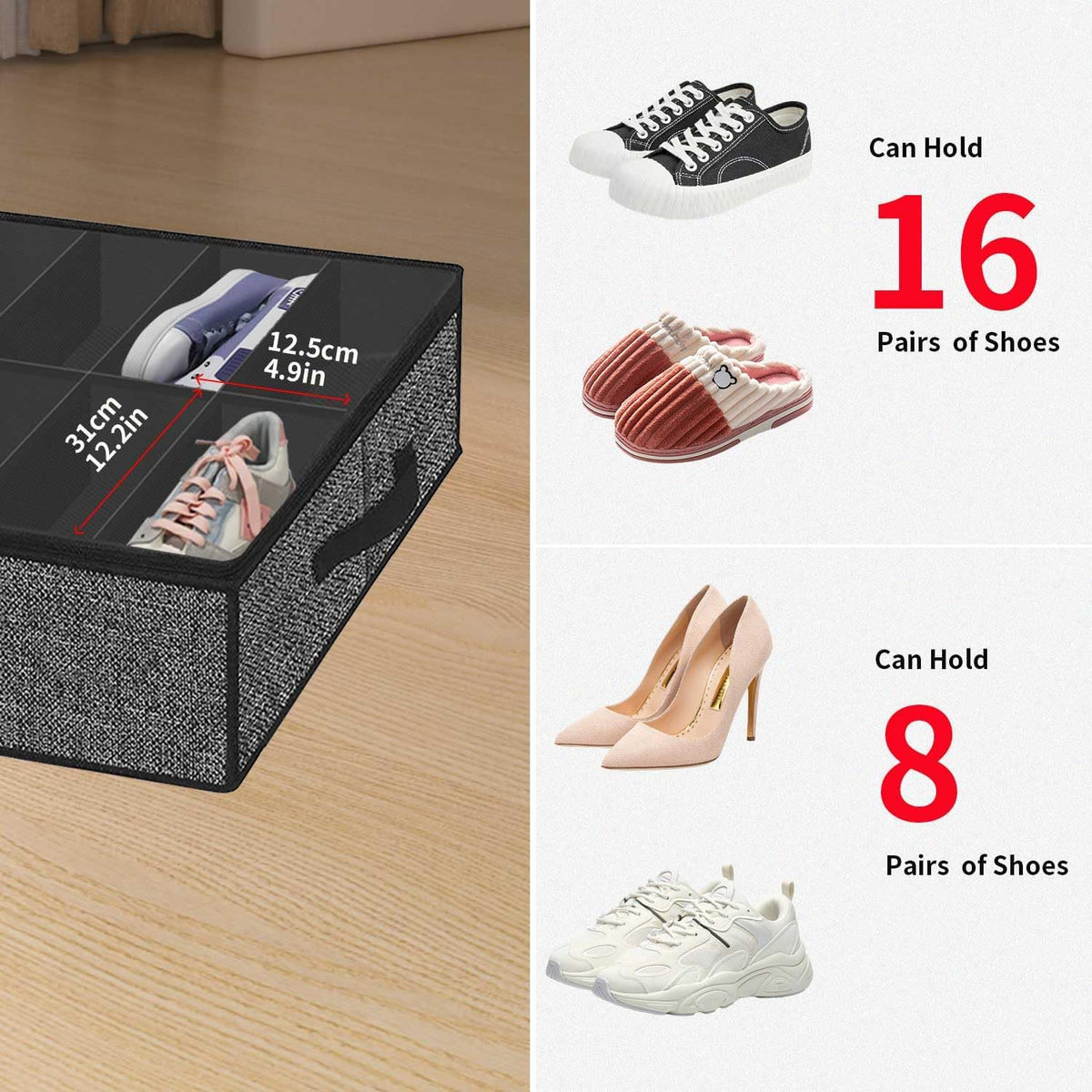 Black Linen-like Underbed Shoe Storage Organizer U8950