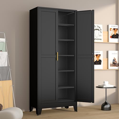 White 75" Metal Pantry Cabinet with 2 Doors and 5 Adjustable Shelves M247