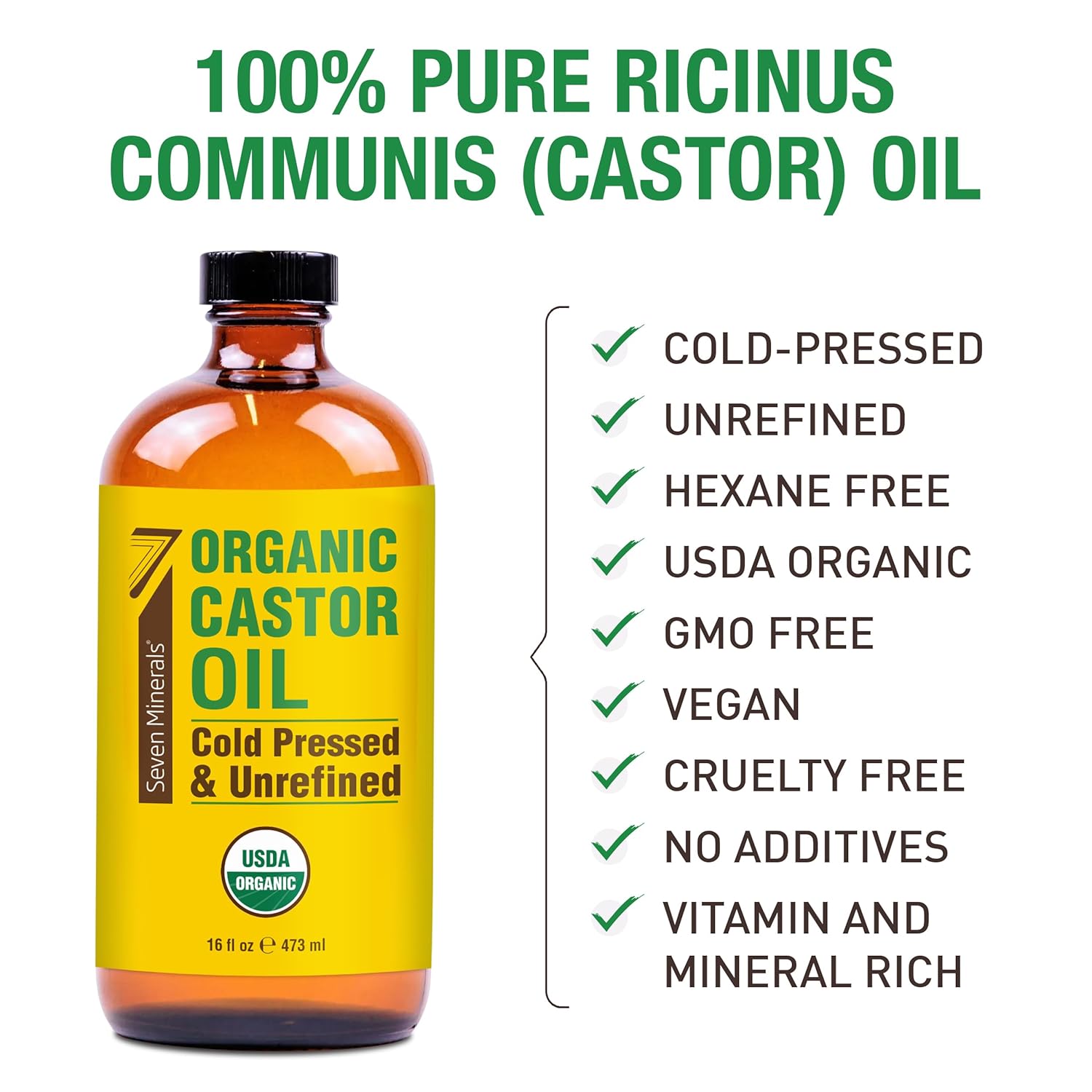 16 fl oz Glass Bottle Castor Oil Organic Cold Pressed Unrefined T299