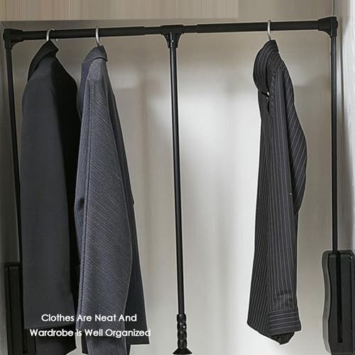 Pull Down Closet Rod Organizer Storage Rack Lift Buffer Extendable Adjustable Width Space Saving Wardrobe Hanger Silver U5609