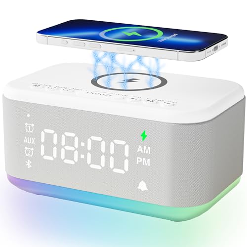 Gray Digital Alarm Clock with Bluetooth Speaker and Wireless Charger H9698