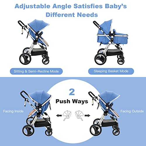 2-in-1 Convertible Bassinet Reclining Stroller with 5-Point Harness, Aluminum Structure, Khaki F85350