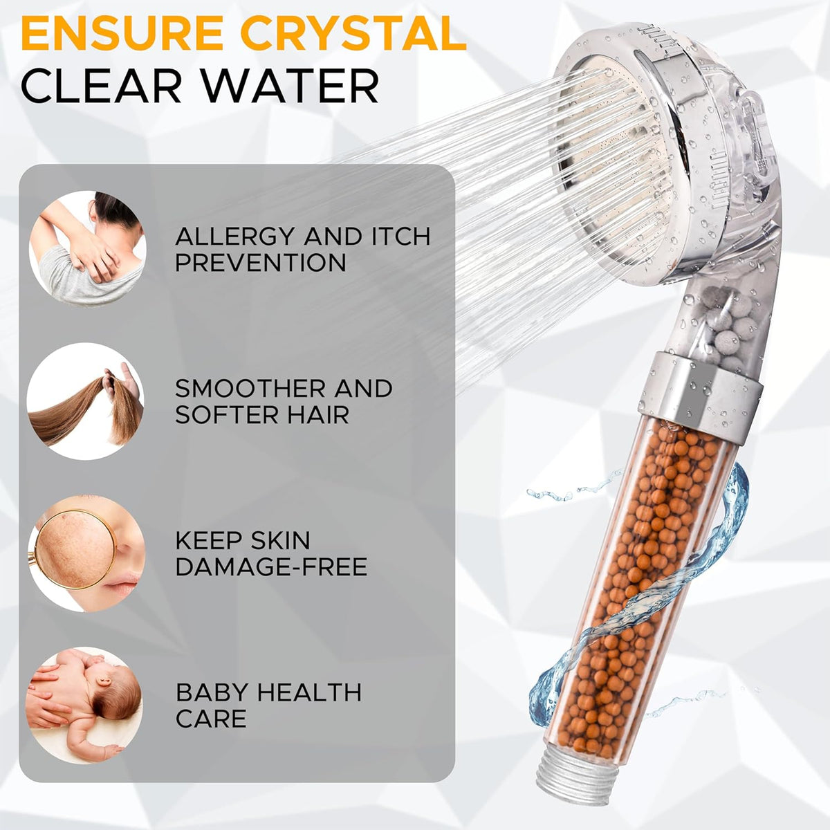 Shower Head with Triple Filtration Handheld Shower Head 3 Modes Adjustable Shower Head with Mineral Stones R45005