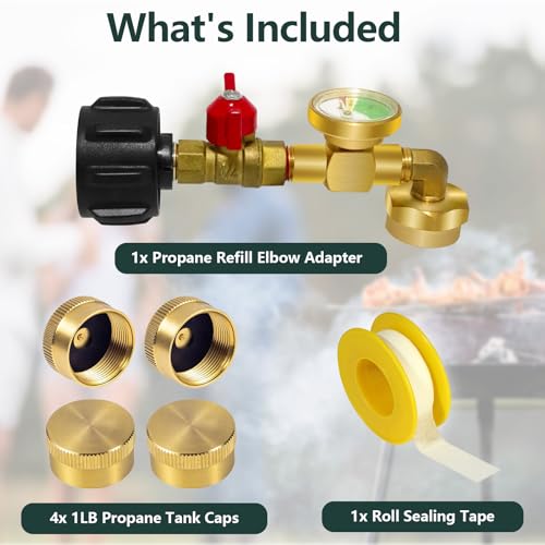 Propane Refill Adapter with Gauge Valve, Solid Brass O335