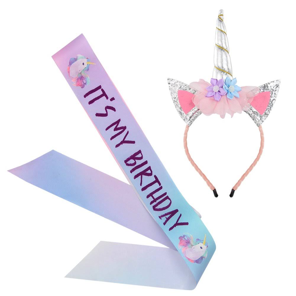 Silver Unicorn Headband and Birthday Sash Set F219658