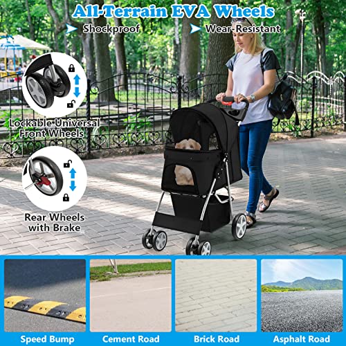 4 Wheels Folding Pet Stroller with Storage Basket and Adjustable Canopy K43758