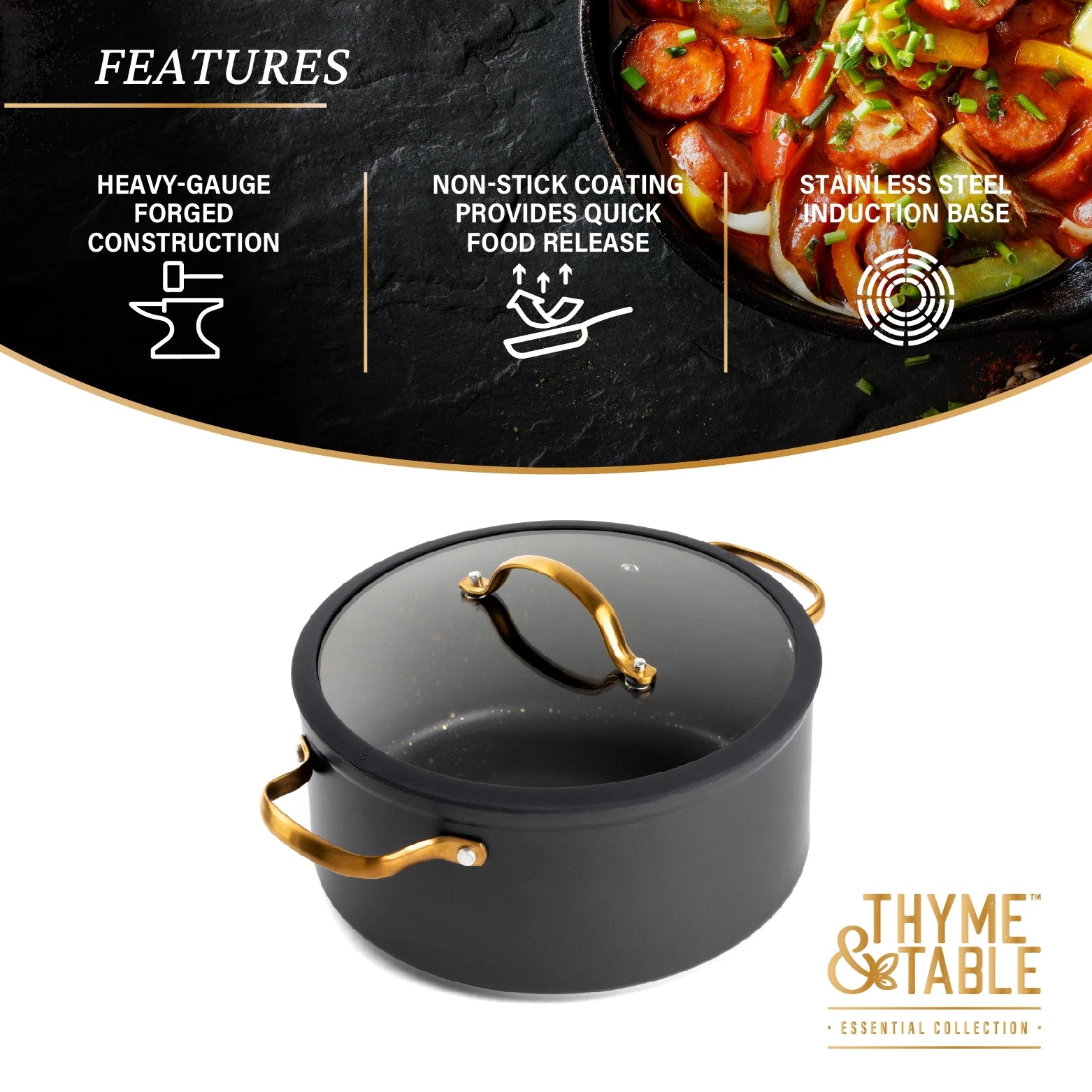 Non-Stick 5 QT Stock Pot with Glass Lid, Black & Gold Q537
