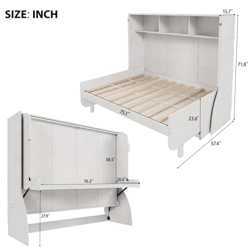 Antique White Full Size Murphy Bed with Desk and Storage Shelves N74819