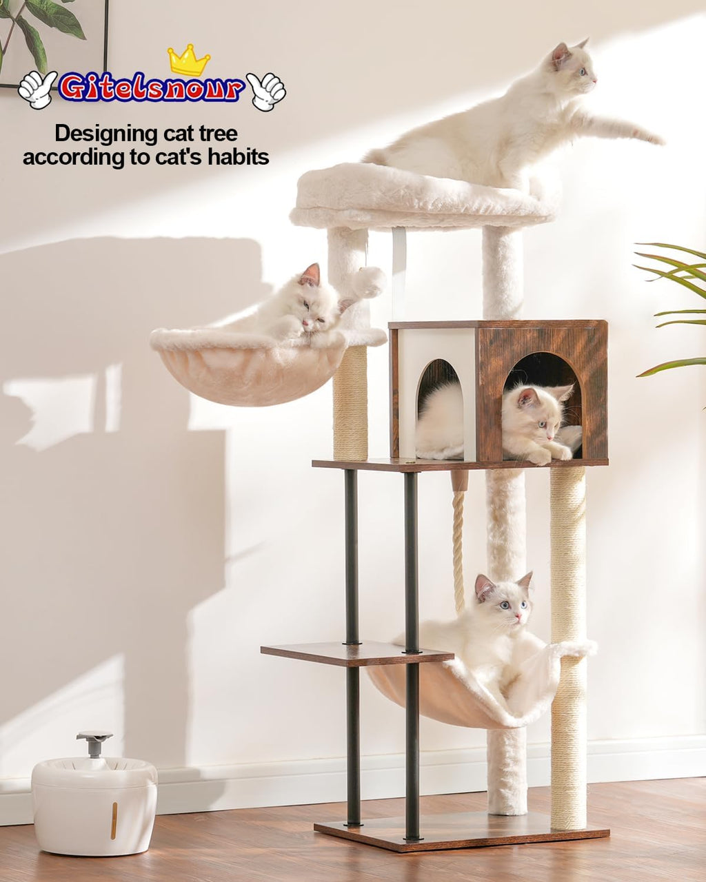 Rustic Brown 43.3in Wood Cat Tree with Sisal Rope Scratching Post T2072
