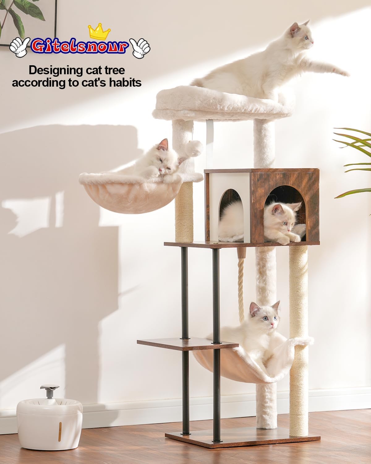 Rustic Brown 43.3in Wood Cat Tree with Sisal Rope Scratching Post T2072