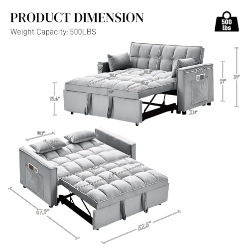 Dark Grey Velvet Convertible Sleeper Sofa Bed W6602