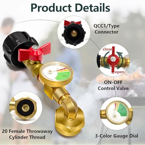 Propane Refill Adapter with Gauge Valve, Solid Brass O335