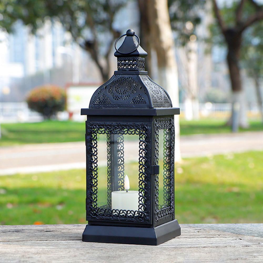 Black Metal Candle Lantern 13'' High with Tempered Glass W375
