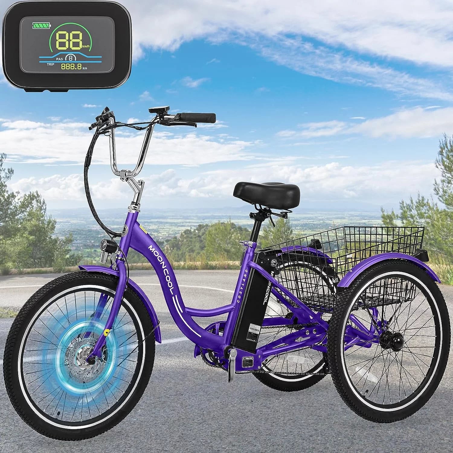 Electric Trike, 7 Speed 24"/26" 3 Wheel Electric Bicycle with 36V 14.5Ah Lithium Battery F45183