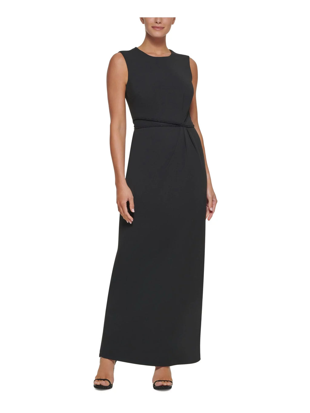 Black Stretch Beaded Zippered Back Slit Lined Sleeveless Round Neck Full-Length Formal Gown Dress V8992