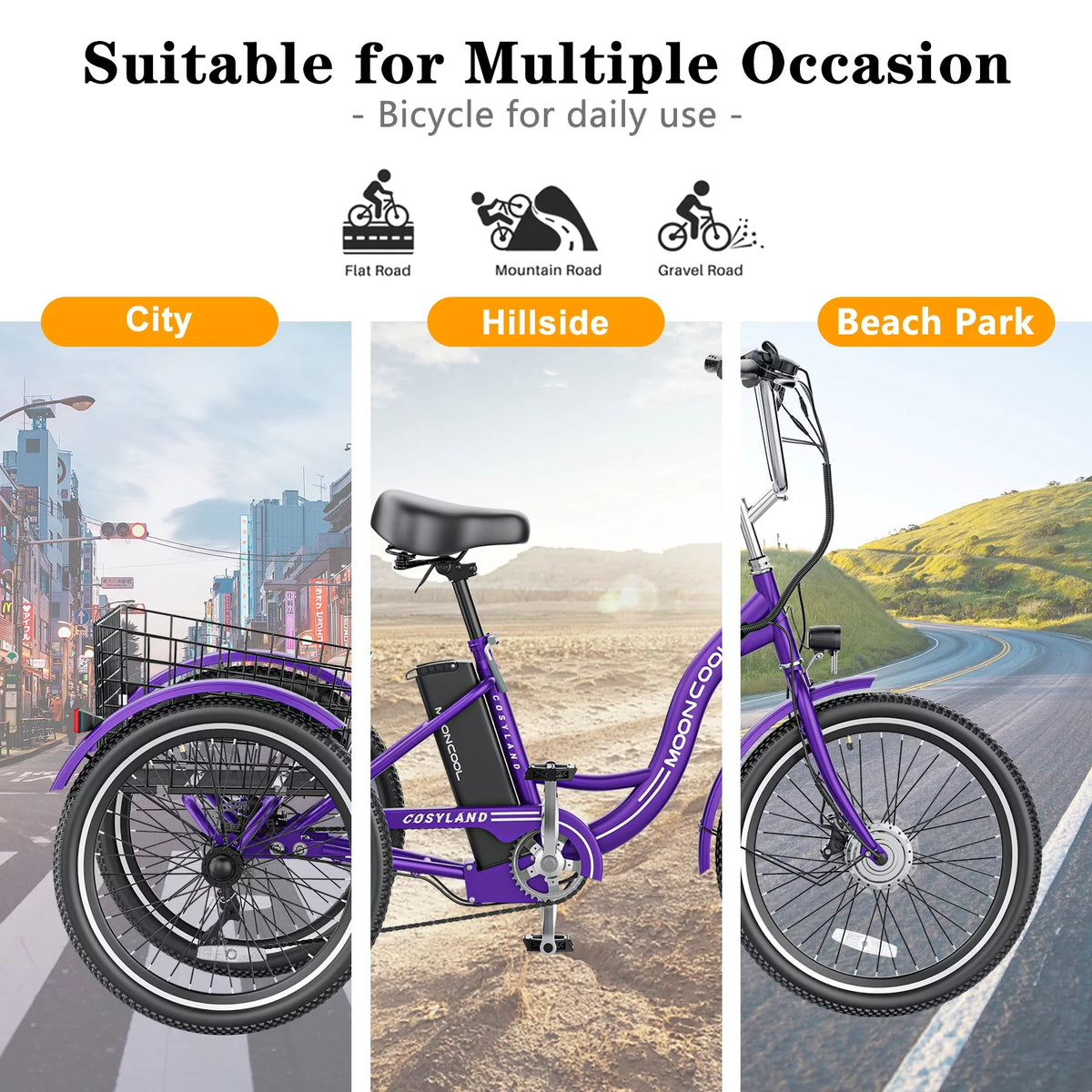 Electric Trike, 7 Speed 24"/26" 3 Wheel Electric Bicycle with 36V 14.5Ah Lithium Battery F45183