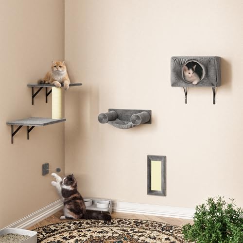 5-in-1 Wall-Mounted Cat Climber Set with House, Bridge, Steps, Scratcher, Hammock, Shelves Q44124