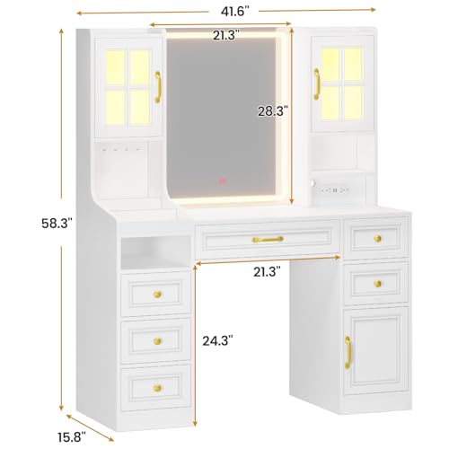 White Vanity Desk with Touch Screen Mirror and Lights, 6 Drawers N237208