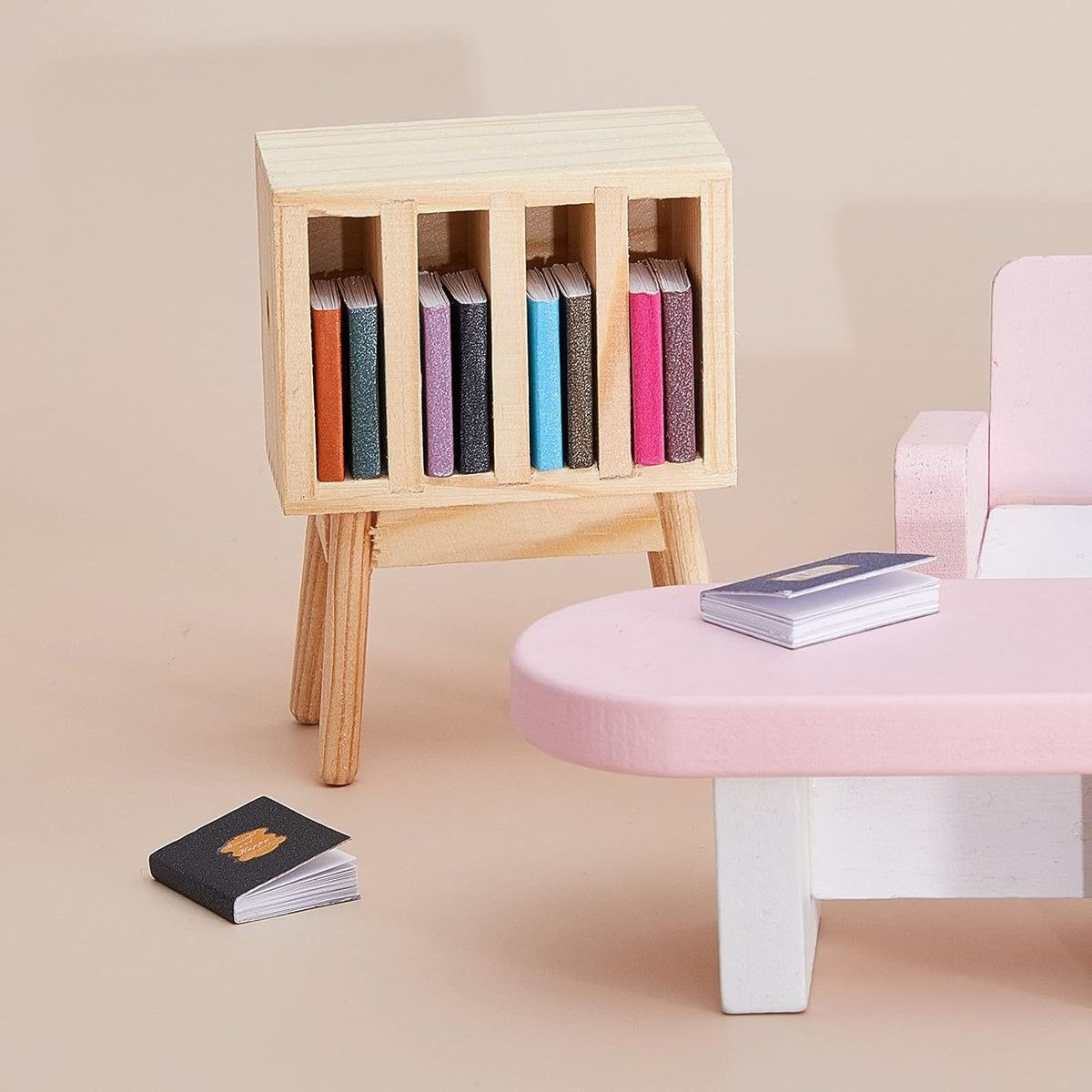 13 Pieces 1:12 Scale Miniature Dollhouse Books with Wooden Rack Bookshelf G6020
