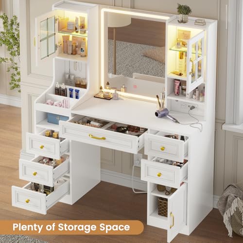 White Vanity Desk with Touch Screen Mirror and Lights, 6 Drawers N237208