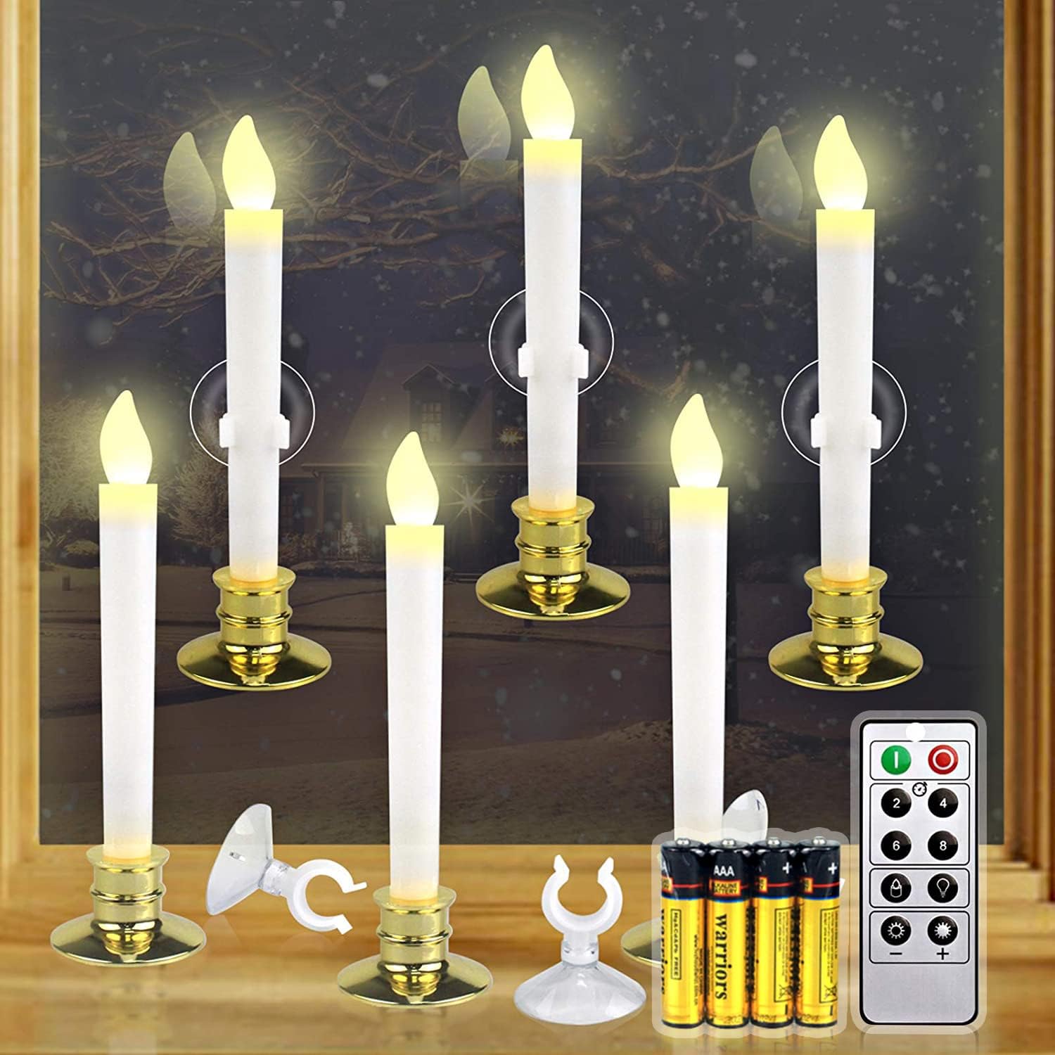 6 Set Gold LED Flameless Taper Candles with Timer C470
