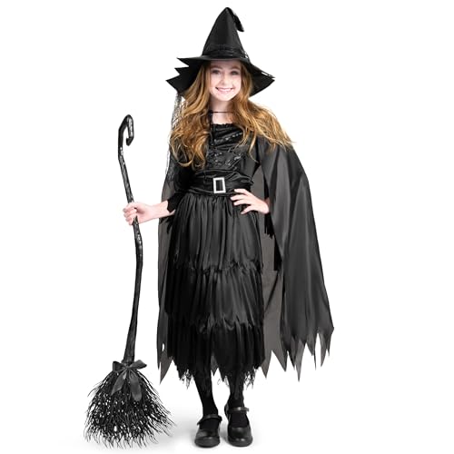 Classic Kids Witch Costume Black Witch Dress with Broom and Hat XL Y930
