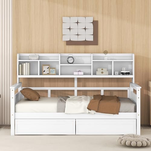 Twin Size Wood Daybed with Shelf and 2 Storage Drawers W516591