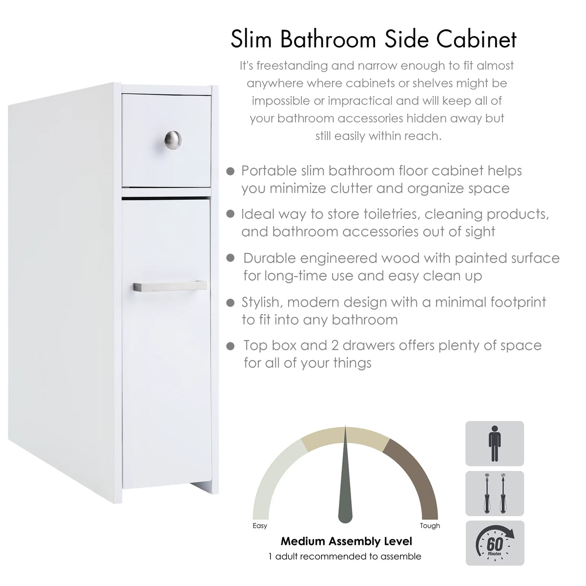 White Slim Bathroom Storage Cabinet with Toilet Paper Holder and Slide Out Drawer T522378
