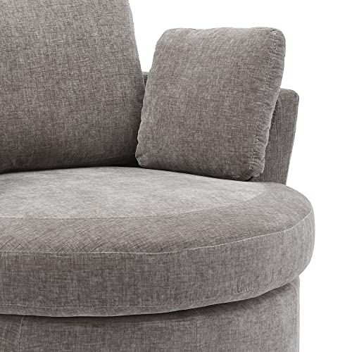 Beige Oversized Round Chenille Swivel Accent Barrel Chair with 3 Pillows R553858