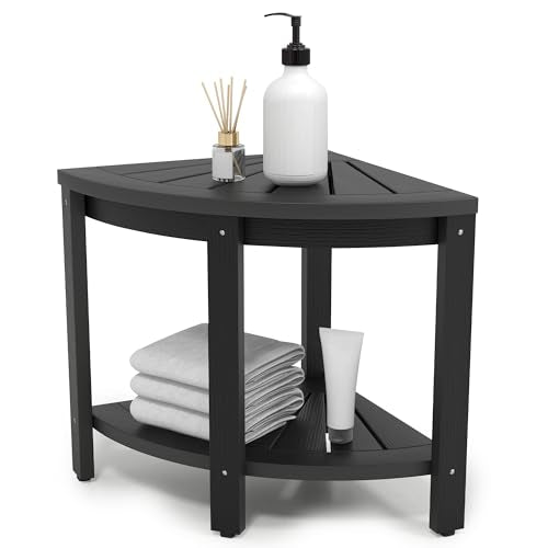 Black Poly Lumber Corner Shower Bench with Storage Shelf U752