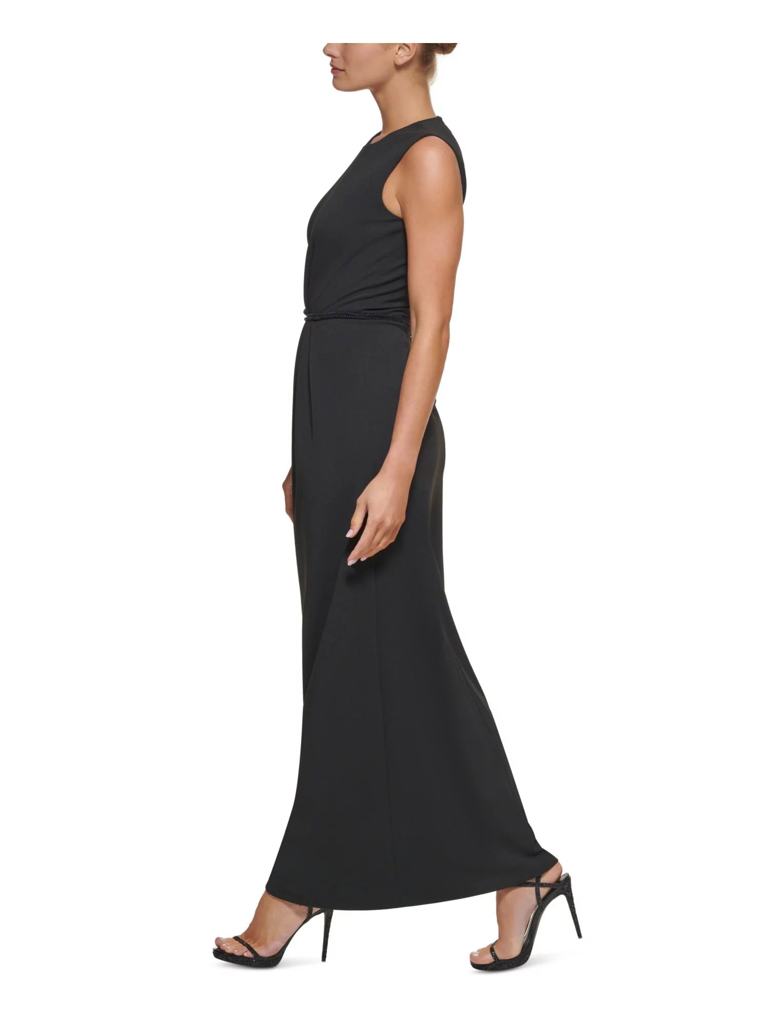 Black Stretch Beaded Zippered Back Slit Lined Sleeveless Round Neck Full-Length Formal Gown Dress V8992