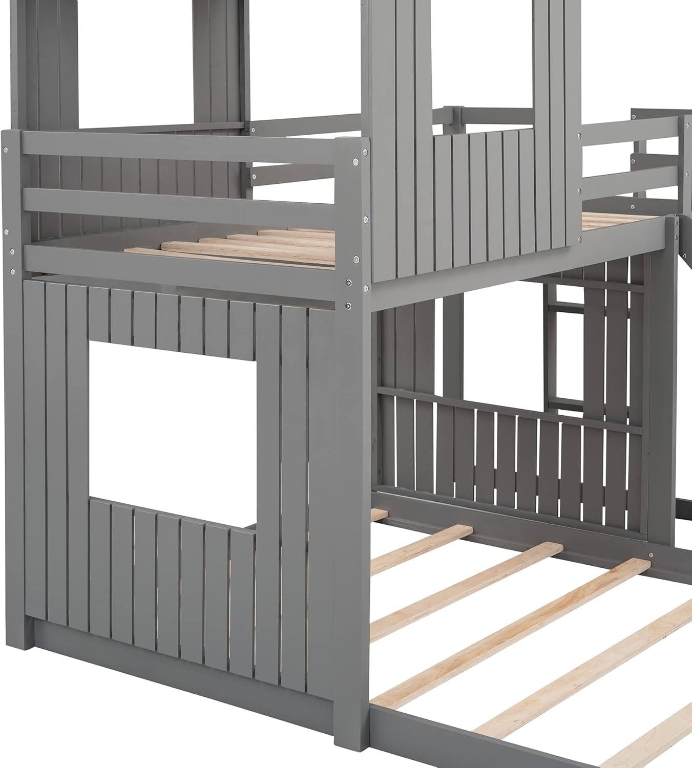 Gray Wood Twin Over Full Bunk Bed with Ladder and Slide R428