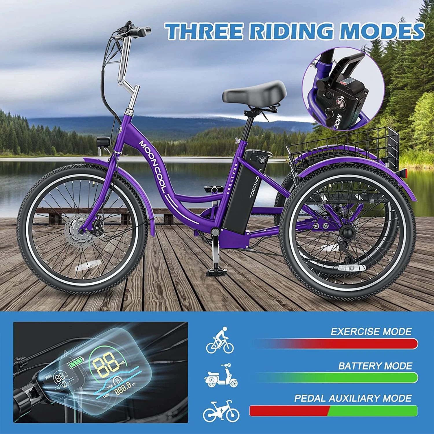 Electric Trike, 7 Speed 24"/26" 3 Wheel Electric Bicycle with 36V 14.5Ah Lithium Battery F45183