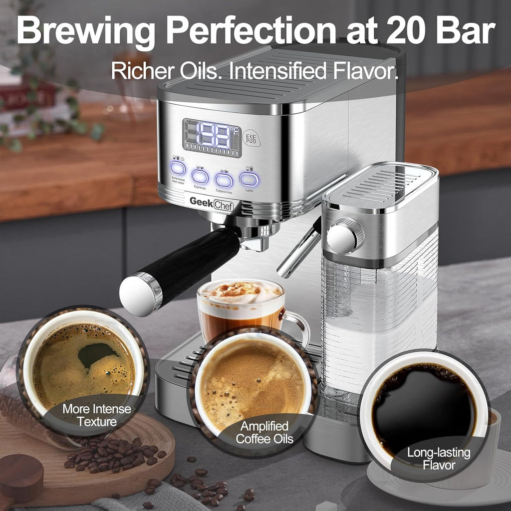 7-in-1 Espresso Machine with Automatic Milk Frother, 20 Bar, Stainless Steel N30776