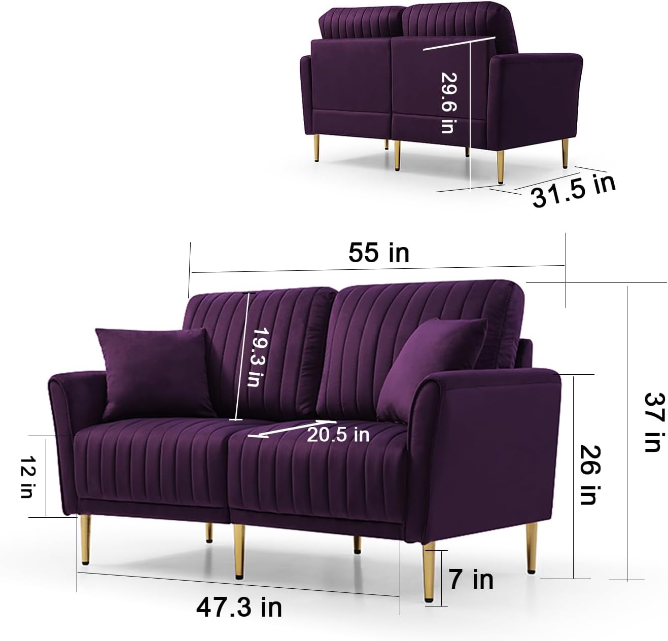 Purple Velvet Round Arm Loveseat Sofa with 2 Throw Pillows G47074