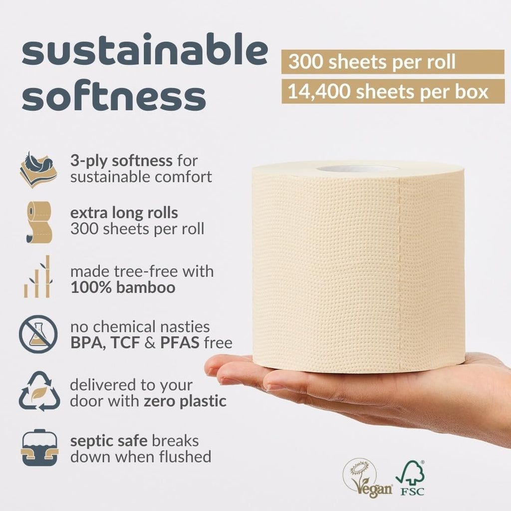 48 Pack Unbleached 3 Ply 300 Sheets Bamboo Toilet Roll V9032