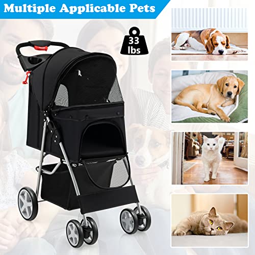4 Wheels Folding Pet Stroller with Storage Basket and Adjustable Canopy K43758