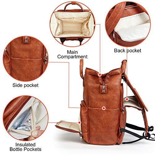 Brown Waterproof Large Leather Diaper Bag Backpack with Changing Mat T60930