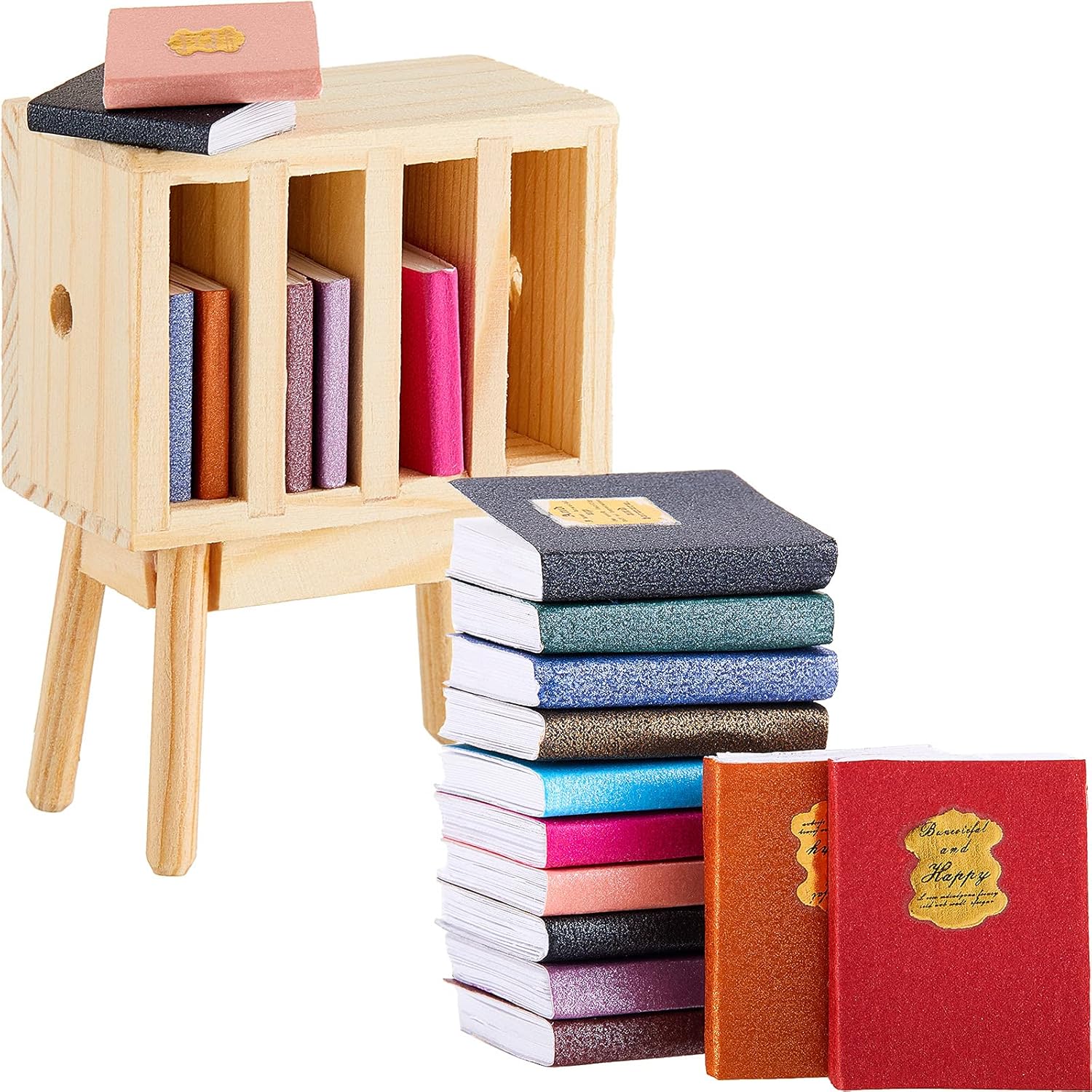 13 Pieces 1:12 Scale Miniature Dollhouse Books with Wooden Rack Bookshelf G6020