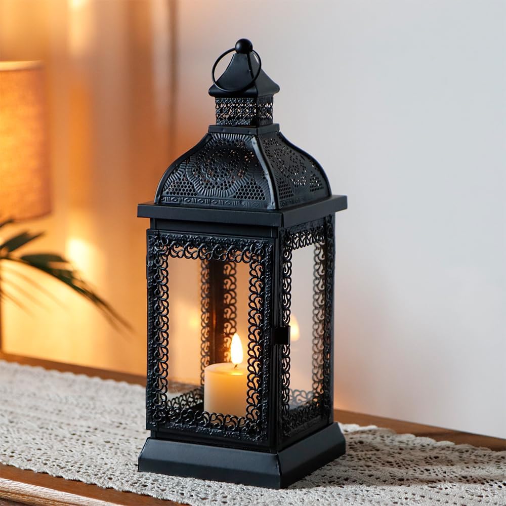 Black Metal Candle Lantern 13'' High with Tempered Glass W375