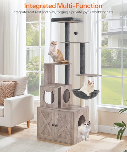 Greige 67.7" H Wooden Cat Tree with Litter Box Enclosure W253