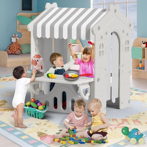 Kids Playhouse with Pretend Play Kitchen Toys Set Beige Gray S561