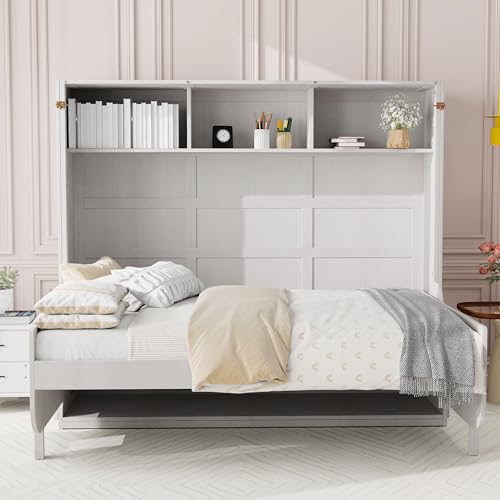 Antique White Full Size Murphy Bed with Desk and Storage Shelves N74819
