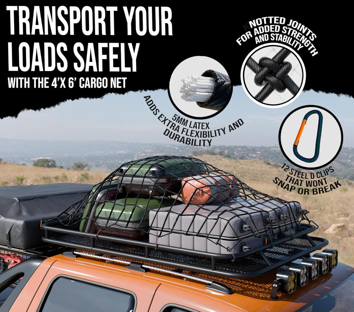 4'x6' Stretches to 12'x8.5' Durable Latex Mesh Bungee Cargo Net with 12 Metal Carabiners C5093