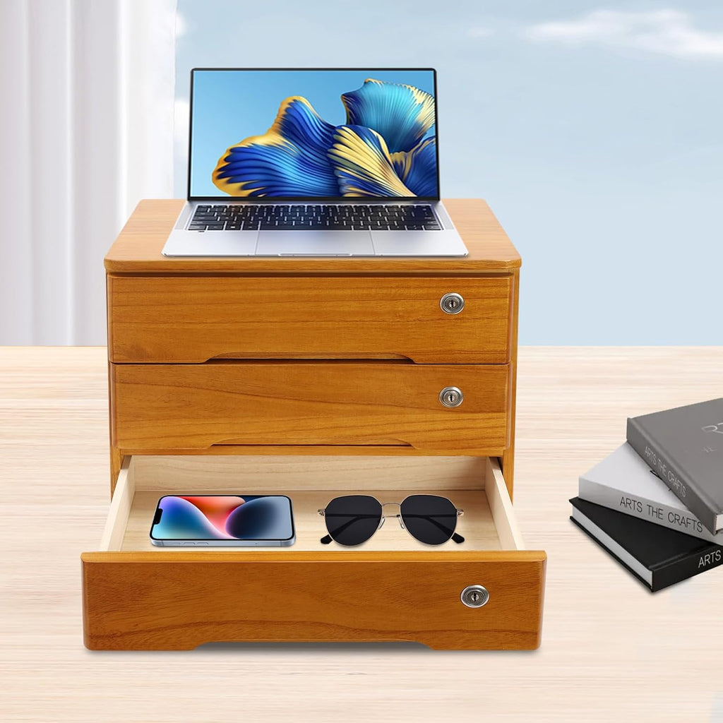 3-Tiers Wooden Desktop Storage Box with Lockable Drawers S937068
