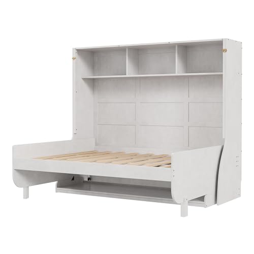 Antique White Full Size Murphy Bed with Desk and Storage Shelves N74819