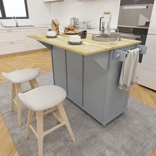 Grey Blue Rolling Kitchen Island with Storage Cabinet and 3 Drawers I378253