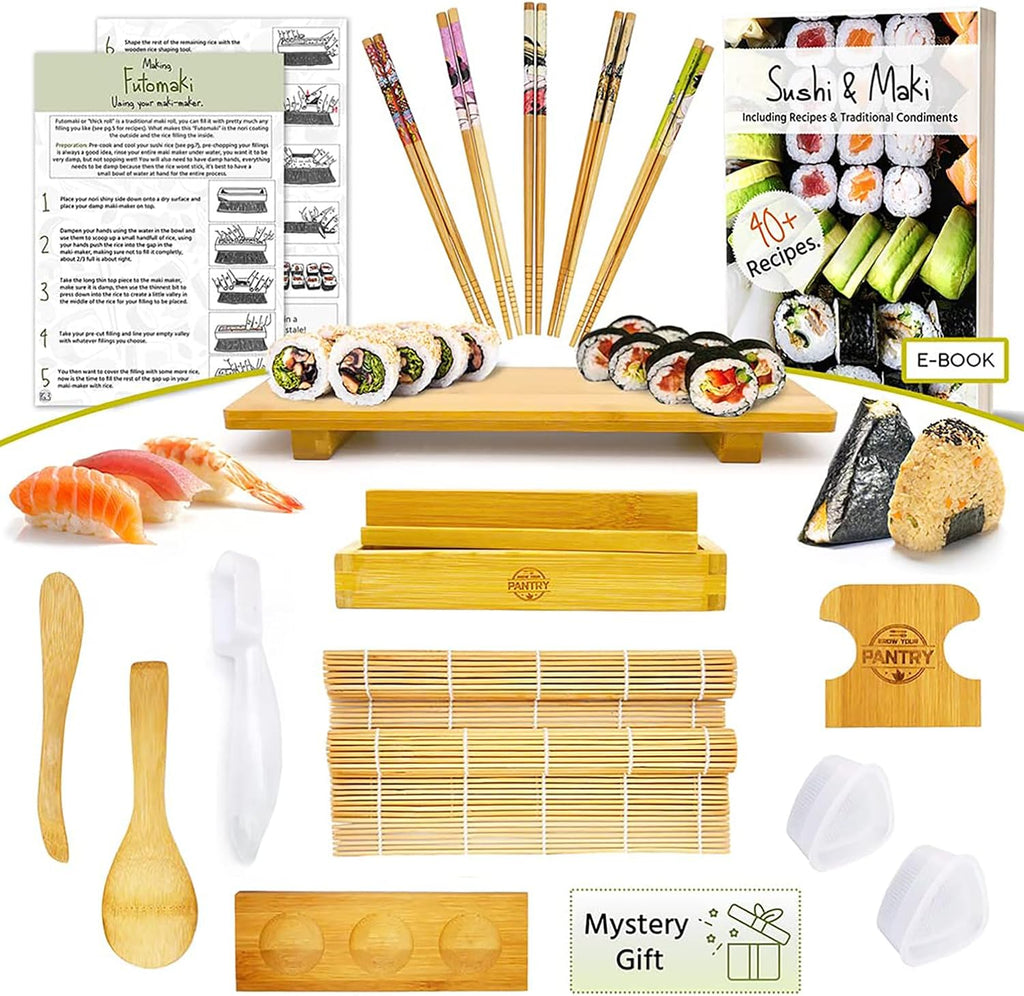 Bamboo Sushi Making Kit with Maki Maker, Sushi Mat, Onigiri Mold Set, Sushi Plate, Chopstick Set, Rice Paddle R149828
